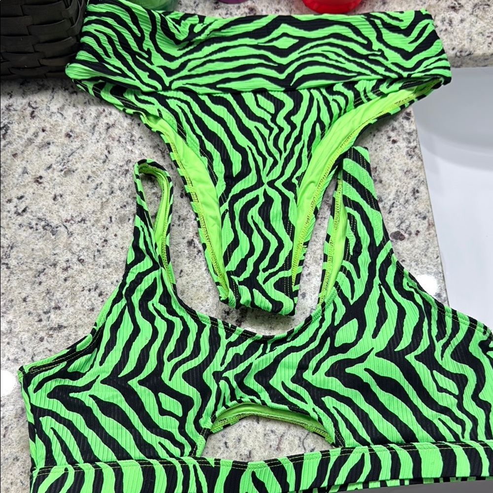Green Zebra Print Bikini Set